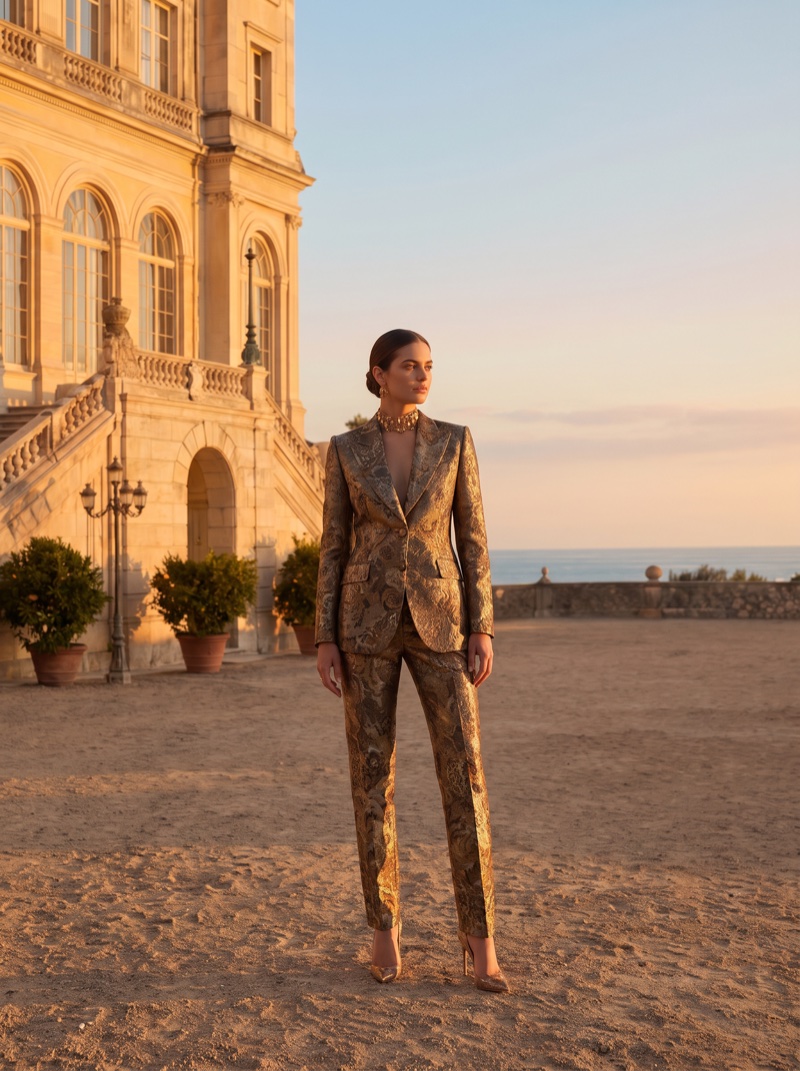 The source photograph: a model in a gold brocade suit on the sandy terrace of a stone villa at sunset, the sea behind her