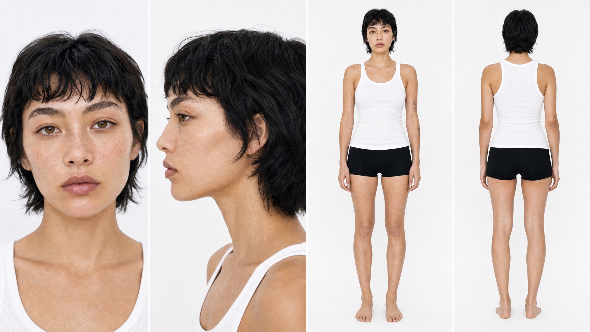 One model shown four ways: face front, profile, full length front and back