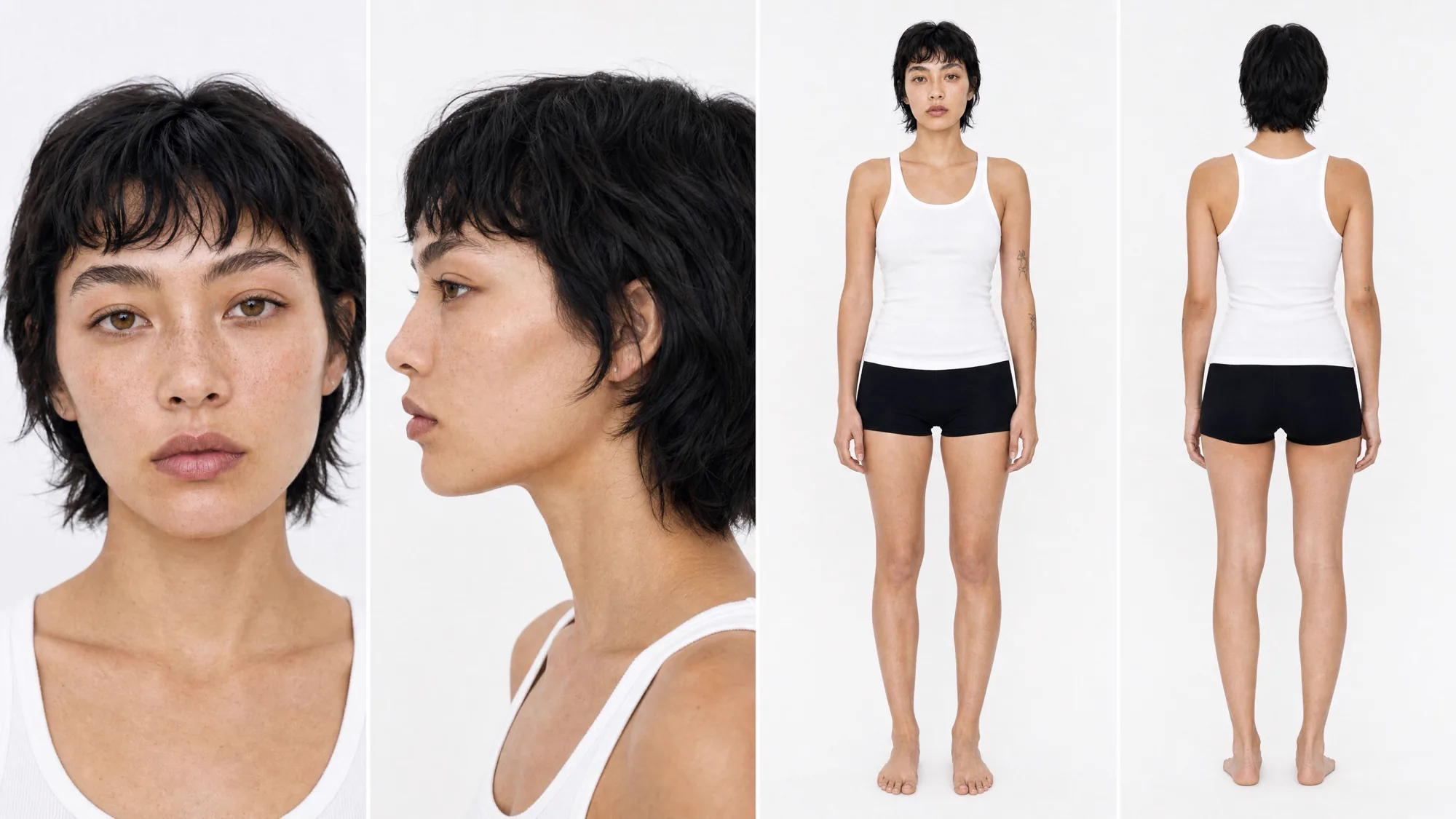 One model shown four ways: face front, profile, full length front and back