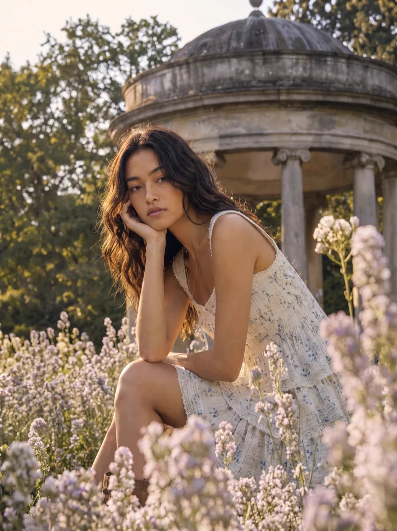 Previs frame: the model in a tiered white dress, seated among the flowerbeds below the rotunda