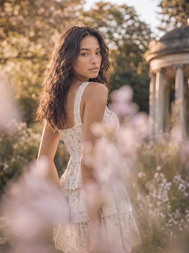Previs frame: the model in a tiered white dress, standing at the rotunda steps, low sun behind
