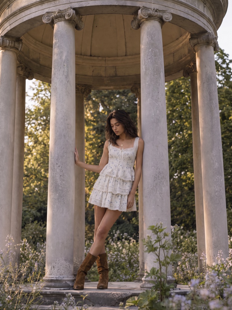 Previs frame: the model in a tiered white dress, walking the gravel path through the planting
