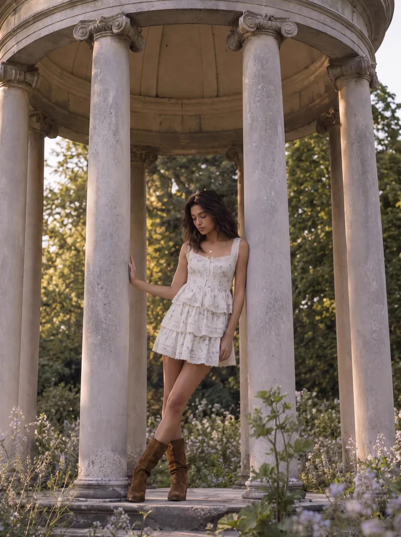 Previs frame: the model in a tiered white dress, walking the gravel path through the planting