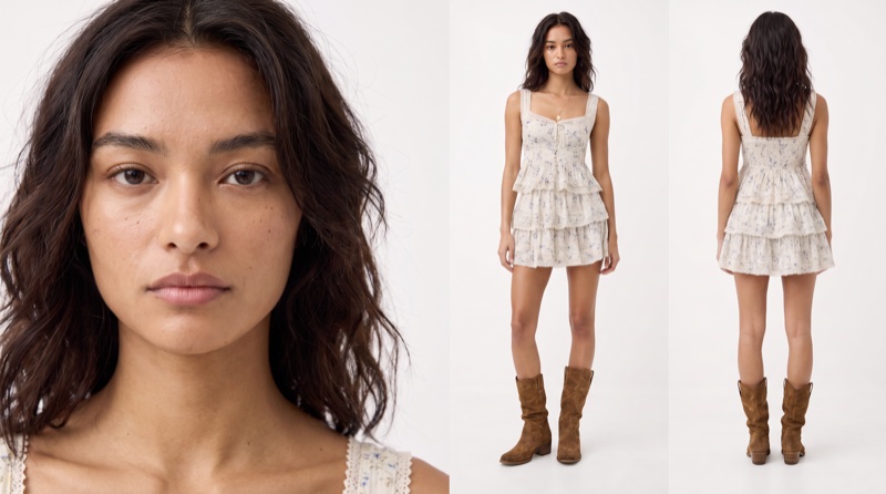 Model reference: face, front and back full length in a tiered white dress