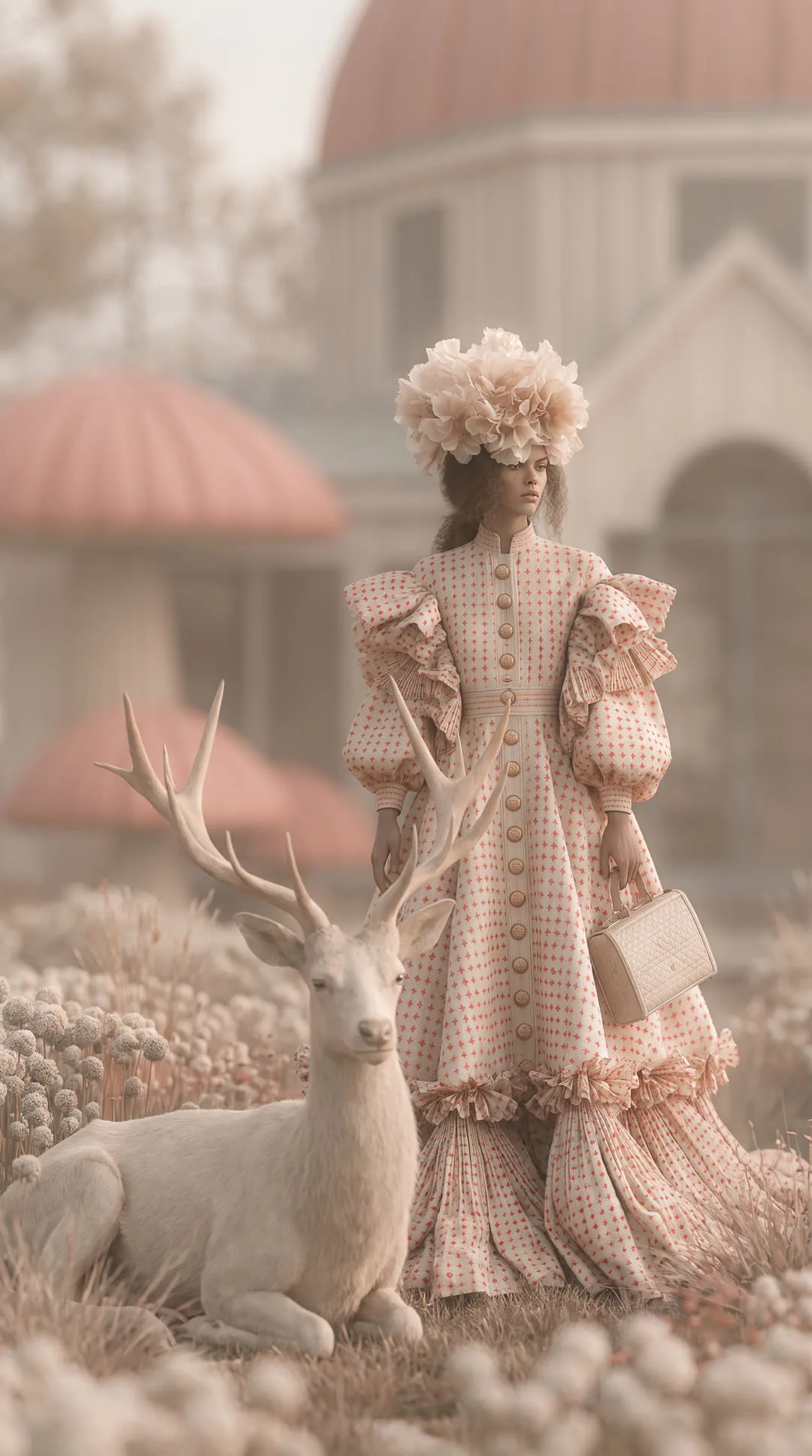 Model in a ruffled printed gown standing beside a white stag