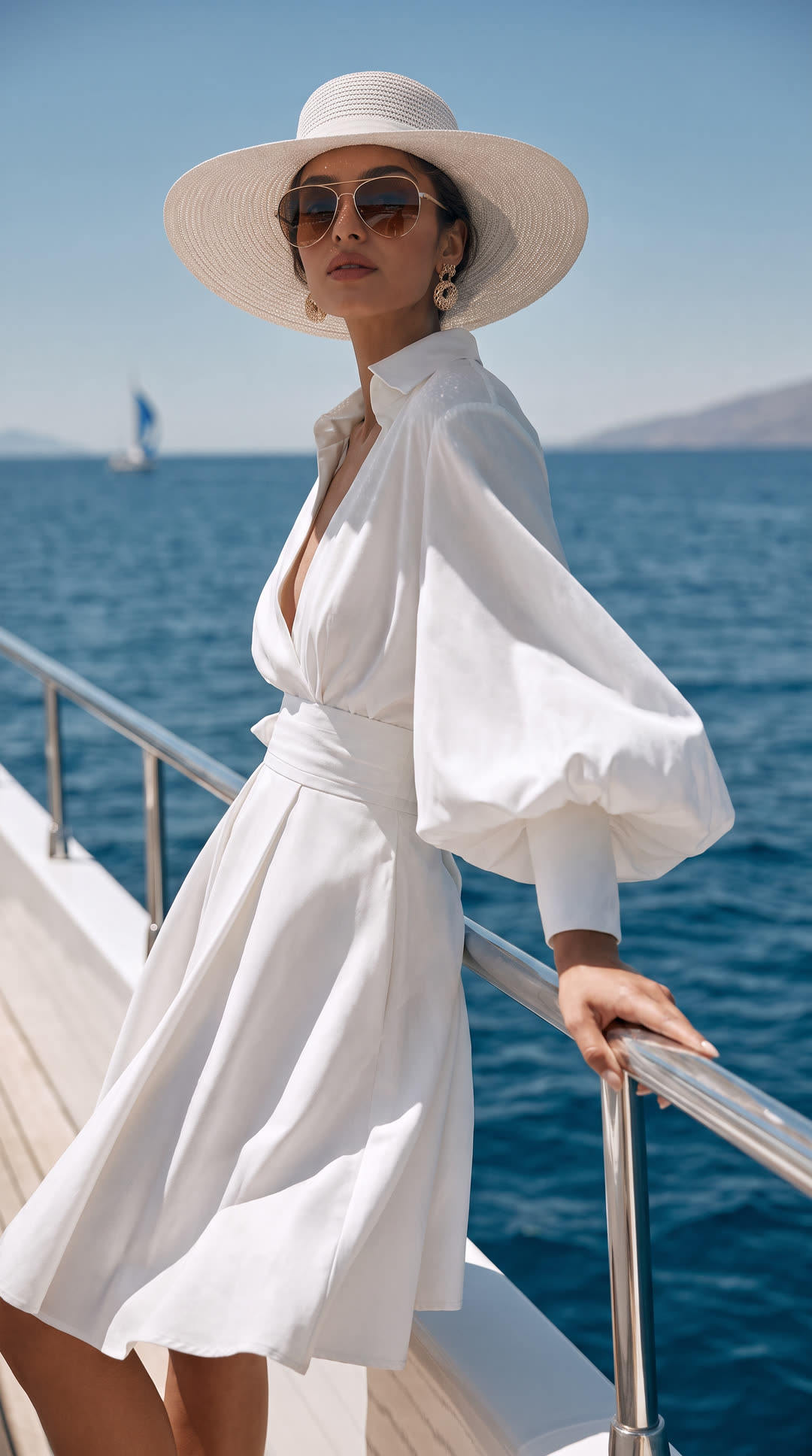 Model in a white shirt dress and wide-brim hat on a boat