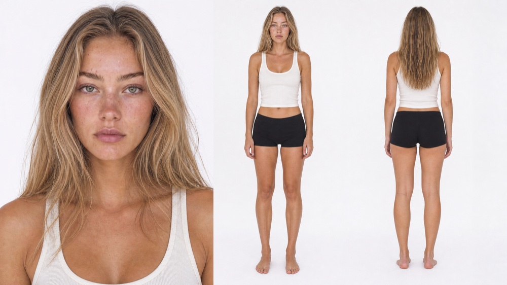 Reference sheet for the model: a close portrait beside full-length front and back views in a white tank and black shorts