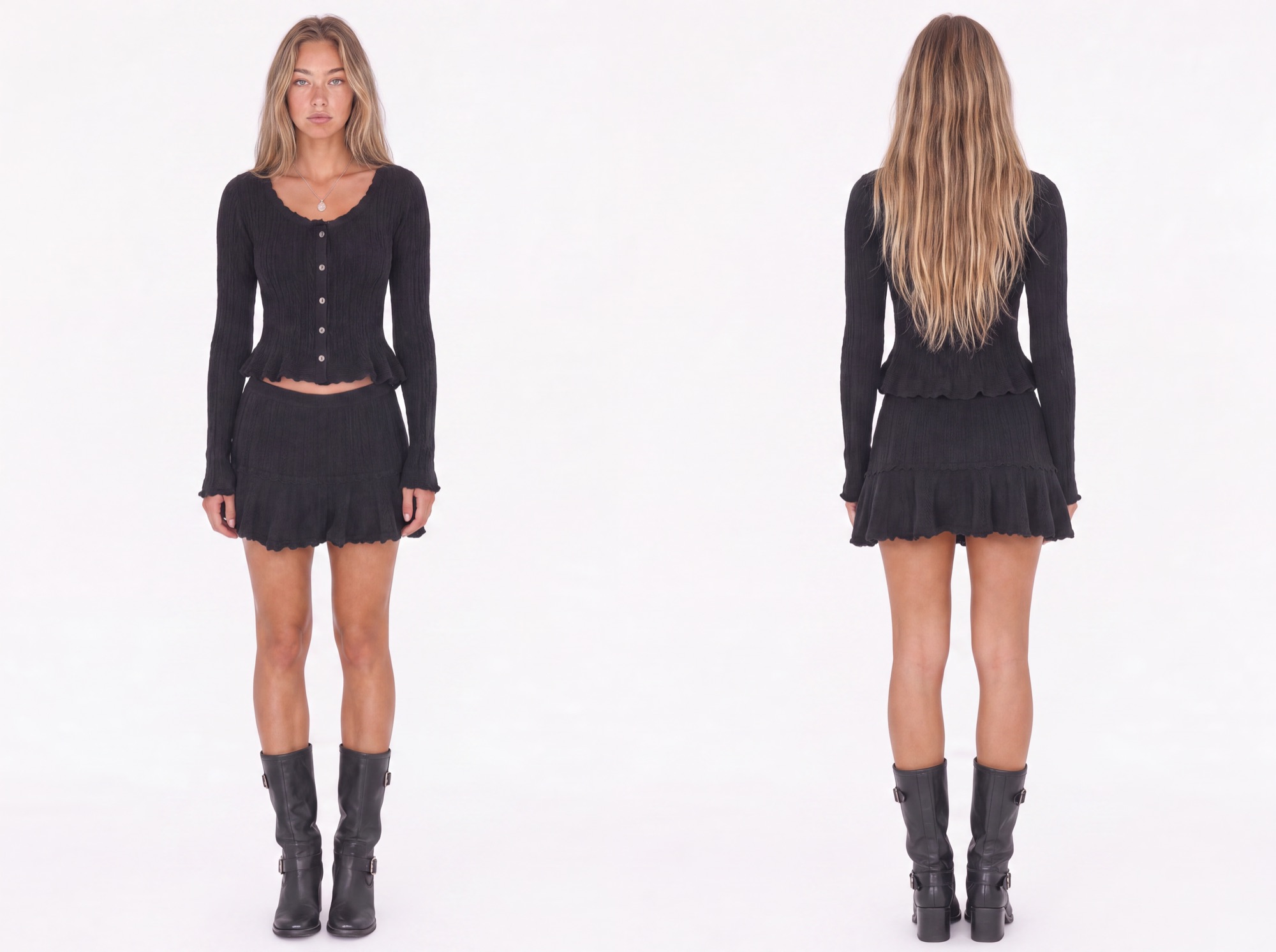 The same model wearing the black knit set and buckle boots, shown front and back against a white backdrop