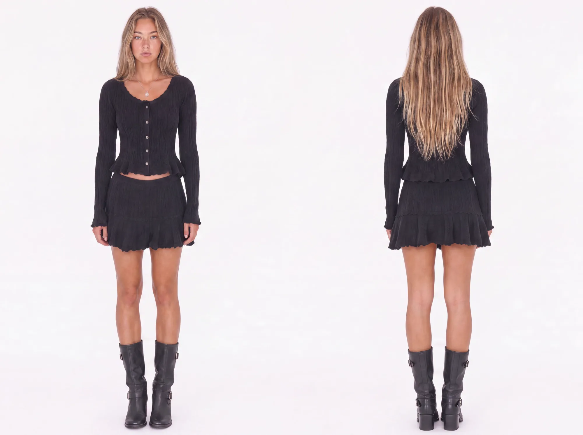 The same model wearing the black knit set and buckle boots, shown front and back against a white backdrop